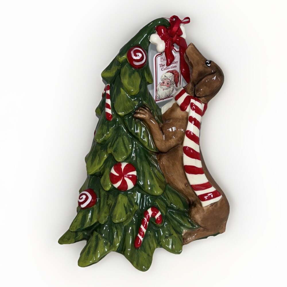 Dachshund Dog Climbing Christmas Tree Peppermint Candy Cane Blue Sky Clayworks